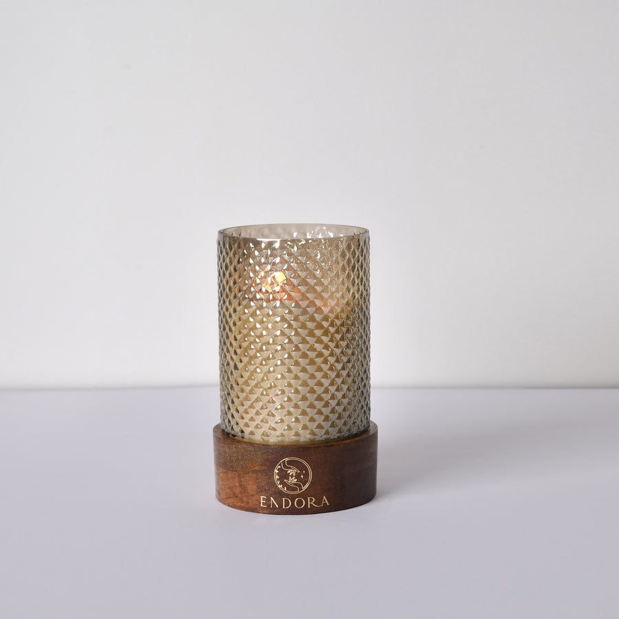 Diamond Cut Wood Base Candle | Smoke Large