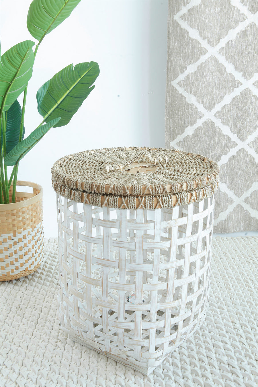 Bamboo Cage Laundry Basket - White - Large