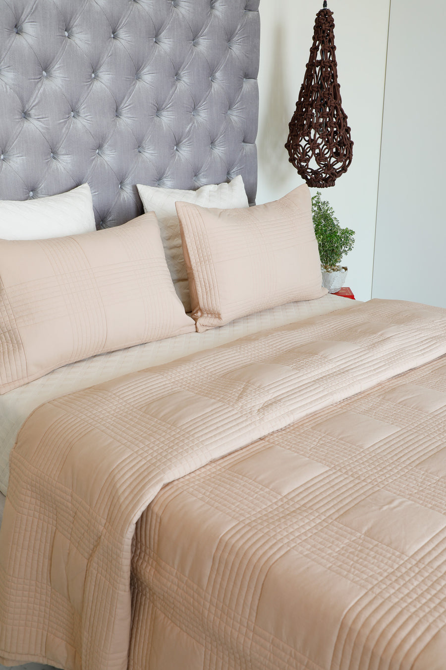 Linear Square Beige Quilted Bedspread  / Coverlet Set