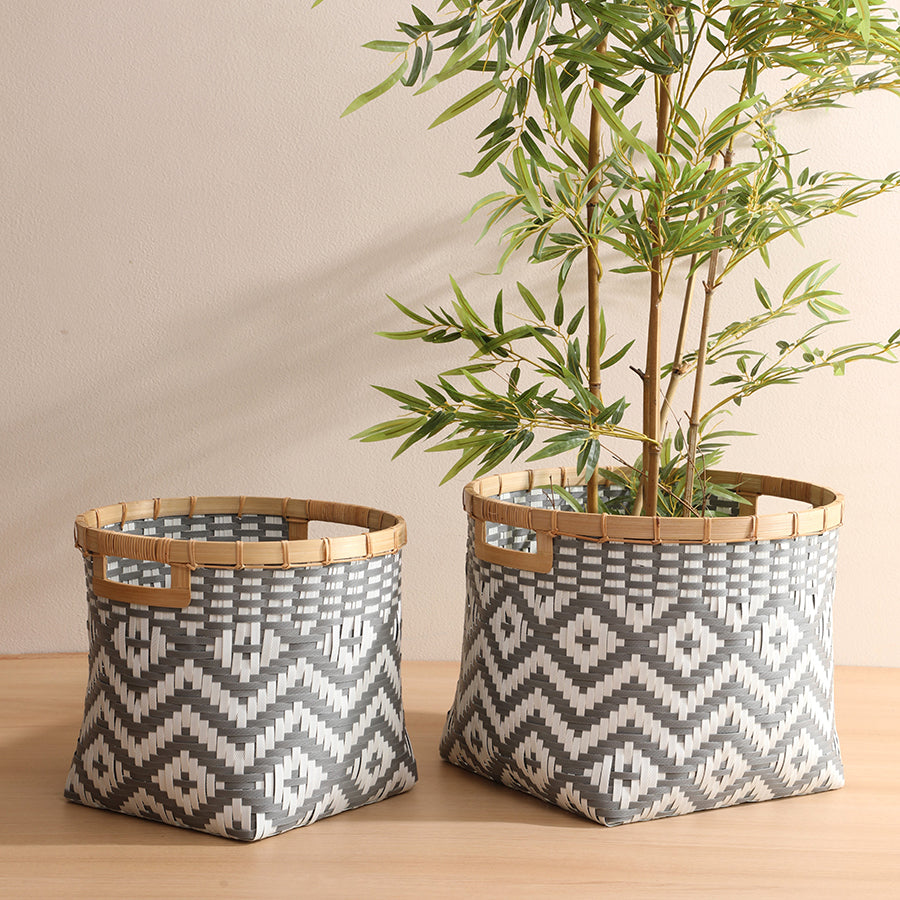 Bamboo Round Storage Bin - Grey/White - Large