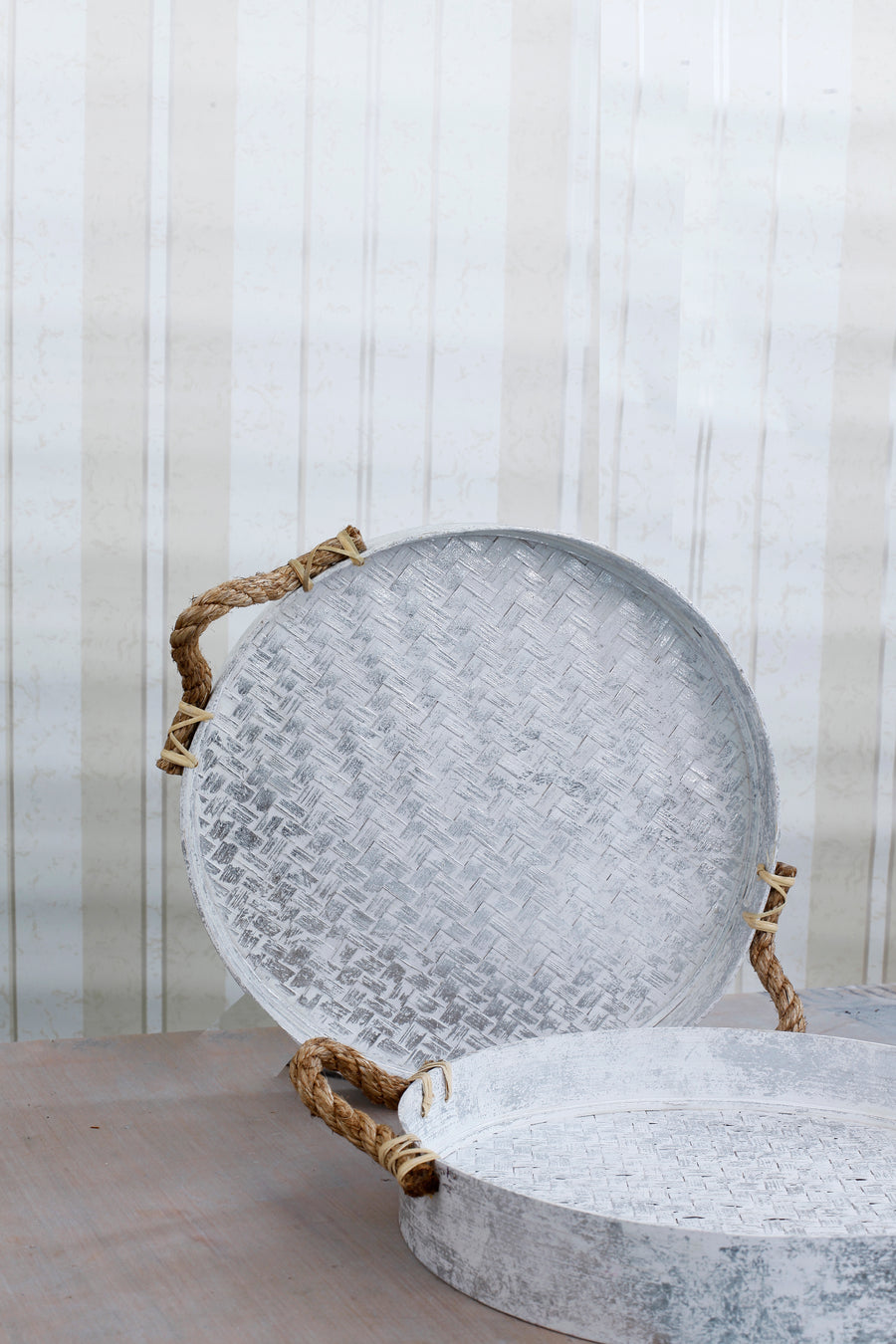 Bamboo Rope Handle  Round Tray Silver