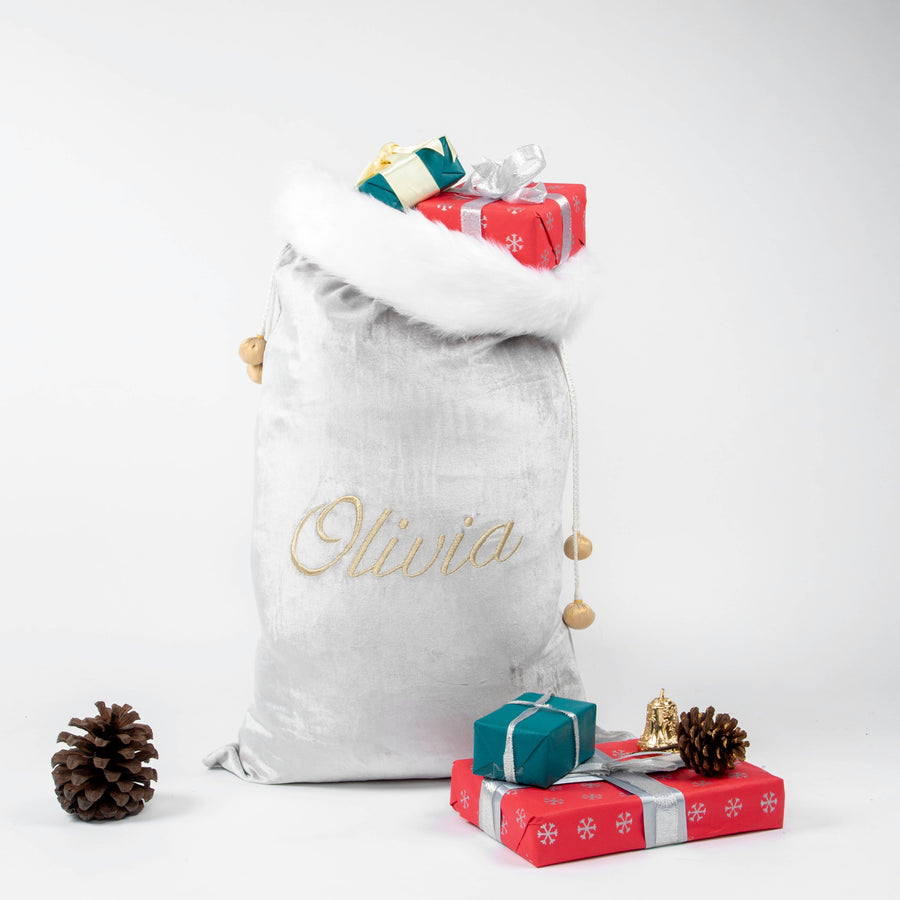 Silver Velvet With Faux Fur Santa Sack